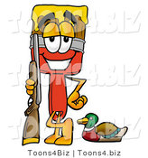 Illustration of a Cartoon Paint Brush Mascot Duck Hunting, Standing with a Rifle and Duck by Mascot Junction