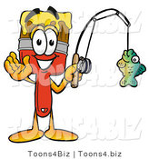 Illustration of a Cartoon Paint Brush Mascot Holding a Fish on a Fishing Pole by Toons4Biz