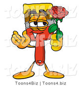 Illustration of a Cartoon Paint Brush Mascot Holding a Red Rose on Valentines Day by Mascot Junction