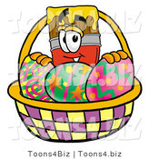 Illustration of a Cartoon Paint Brush Mascot in an Easter Basket Full of Decorated Easter Eggs by Toons4Biz