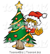 Illustration of a Cartoon Paint Brush Mascot Waving and Standing by a Decorated Christmas Tree by Mascot Junction