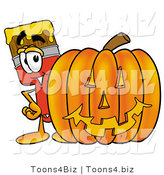 Illustration of a Cartoon Paint Brush Mascot with a Carved Halloween Pumpkin by Mascot Junction