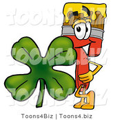 Illustration of a Cartoon Paint Brush Mascot with a Green Four Leaf Clover on St Paddy's or St Patricks Day by Mascot Junction