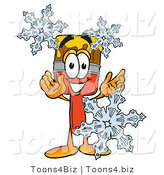Illustration of a Cartoon Paint Brush Mascot with Three Snowflakes in Winter by Mascot Junction