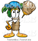 Illustration of a Cartoon Palm Tree Mascot Catching a Baseball with a Glove by Mascot Junction