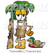 Illustration of a Cartoon Palm Tree Mascot Duck Hunting, Standing with a Rifle and Duck by Mascot Junction