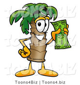 Illustration of a Cartoon Palm Tree Mascot Holding a Dollar Bill by Mascot Junction
