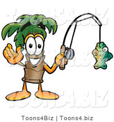 Illustration of a Cartoon Palm Tree Mascot Holding a Fish on a Fishing Pole by Toons4Biz