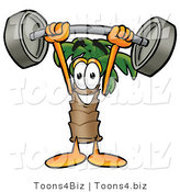 Illustration of a Cartoon Palm Tree Mascot Holding a Heavy Barbell Above His Head by Mascot Junction