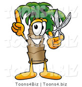 Illustration of a Cartoon Palm Tree Mascot Holding a Pair of Scissors by Mascot Junction