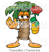 Illustration of a Cartoon Palm Tree Mascot Holding a Red Rose on Valentines Day by Mascot Junction