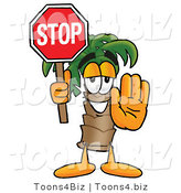 Illustration of a Cartoon Palm Tree Mascot Holding a Stop Sign by Toons4Biz