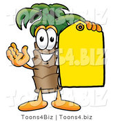 Illustration of a Cartoon Palm Tree Mascot Holding a Yellow Sales Price Tag by Toons4Biz