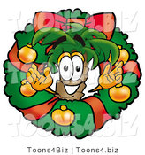Illustration of a Cartoon Palm Tree Mascot in the Center of a Christmas Wreath by Mascot Junction