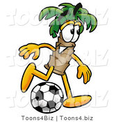 Illustration of a Cartoon Palm Tree Mascot Kicking a Soccer Ball by Mascot Junction