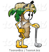 Illustration of a Cartoon Palm Tree Mascot Leaning on a Golf Club While Golfing by Mascot Junction