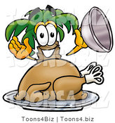 Illustration of a Cartoon Palm Tree Mascot Serving a Thanksgiving Turkey on a Platter by Mascot Junction