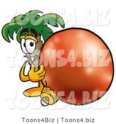 Illustration of a Cartoon Palm Tree Mascot Standing with a Christmas Bauble by Toons4Biz