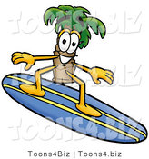 Illustration of a Cartoon Palm Tree Mascot Surfing on a Blue and Yellow Surfboard by Mascot Junction