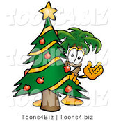 Illustration of a Cartoon Palm Tree Mascot Waving and Standing by a Decorated Christmas Tree by Toons4Biz