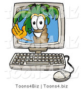 Illustration of a Cartoon Palm Tree Mascot Waving from Inside a Computer Screen by Mascot Junction
