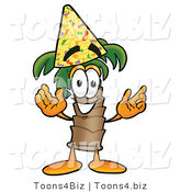 Illustration of a Cartoon Palm Tree Mascot Wearing a Birthday Party Hat by Mascot Junction
