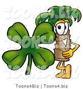 Illustration of a Cartoon Palm Tree Mascot with a Green Four Leaf Clover on St Paddy's or St Patricks Day by Mascot Junction