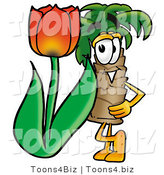 Illustration of a Cartoon Palm Tree Mascot with a Red Tulip Flower in the Spring by Mascot Junction