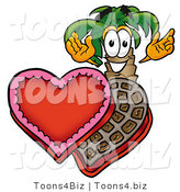 Illustration of a Cartoon Palm Tree Mascot with an Open Box of Valentines Day Chocolate Candies by Mascot Junction