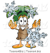 Illustration of a Cartoon Palm Tree Mascot with Three Snowflakes in Winter by Mascot Junction