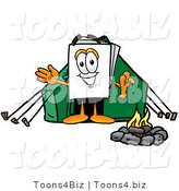Illustration of a Cartoon Paper Mascot Camping with a Tent and Fire by Mascot Junction