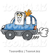 Illustration of a Cartoon Paper Mascot Driving a Blue Car and Waving by Mascot Junction