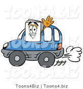 Illustration of a Cartoon Paper Mascot Driving a Blue Car and Waving by Toons4Biz