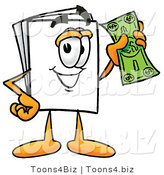 Illustration of a Cartoon Paper Mascot Holding a Dollar Bill by Mascot Junction
