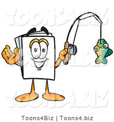 Illustration of a Cartoon Paper Mascot Holding a Fish on a Fishing Pole by Mascot Junction