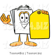 Illustration of a Cartoon Paper Mascot Holding a Yellow Sales Price Tag by Mascot Junction
