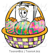 Illustration of a Cartoon Paper Mascot in an Easter Basket Full of Decorated Easter Eggs by Mascot Junction