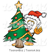 Illustration of a Cartoon Paper Mascot Waving and Standing by a Decorated Christmas Tree by Mascot Junction