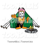 Illustration of a Cartoon Pencil Mascot Camping with a Tent and Fire by Mascot Junction