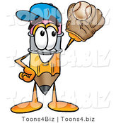 Illustration of a Cartoon Pencil Mascot Catching a Baseball with a Glove by Mascot Junction