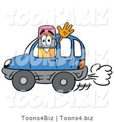 Illustration of a Cartoon Pencil Mascot Driving a Blue Car and Waving by Mascot Junction