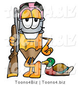 Illustration of a Cartoon Pencil Mascot Duck Hunting, Standing with a Rifle and Duck by Mascot Junction