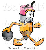 Illustration of a Cartoon Pencil Mascot Holding a Bowling Ball by Mascot Junction