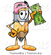 Illustration of a Cartoon Pencil Mascot Holding a Dollar Bill by Mascot Junction