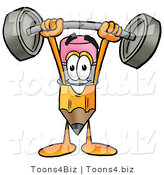 Illustration of a Cartoon Pencil Mascot Holding a Heavy Barbell Above His Head by Mascot Junction
