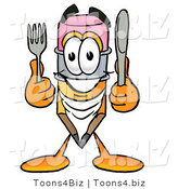 Illustration of a Cartoon Pencil Mascot Holding a Knife and Fork by Mascot Junction