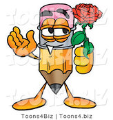 Illustration of a Cartoon Pencil Mascot Holding a Red Rose on Valentines Day by Mascot Junction