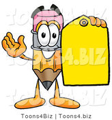 Illustration of a Cartoon Pencil Mascot Holding a Yellow Sales Price Tag by Toons4Biz