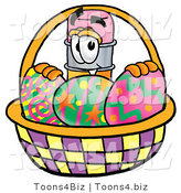 Illustration of a Cartoon Pencil Mascot in an Easter Basket Full of Decorated Easter Eggs by Mascot Junction