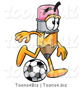 Illustration of a Cartoon Pencil Mascot Kicking a Soccer Ball by Mascot Junction